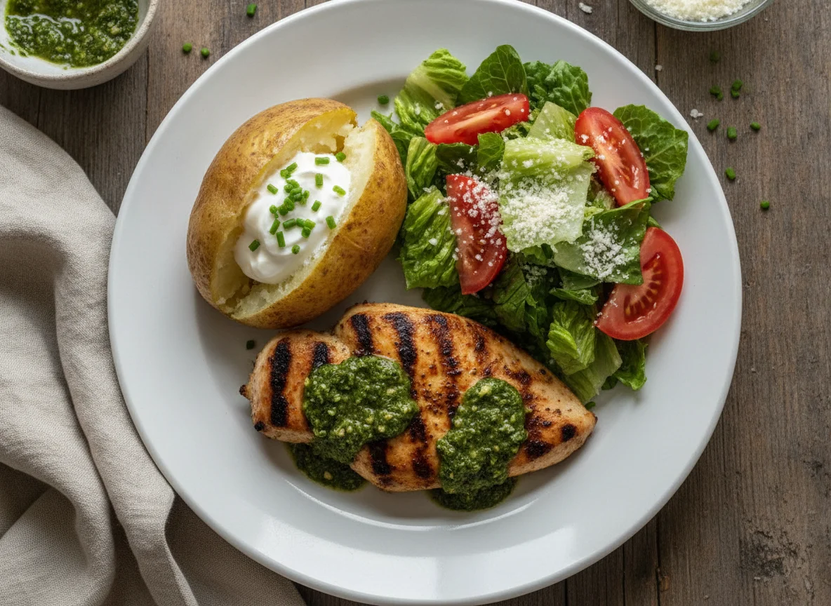 Pechuga de pollo a la plancha con papa al horno y ensalada photo