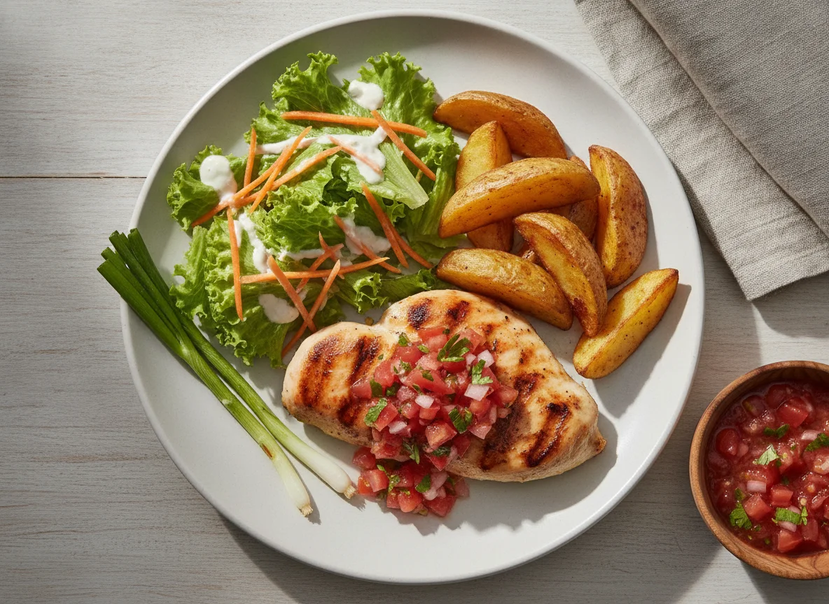 Pechuga de pollo a la plancha con papa y ensalada photo