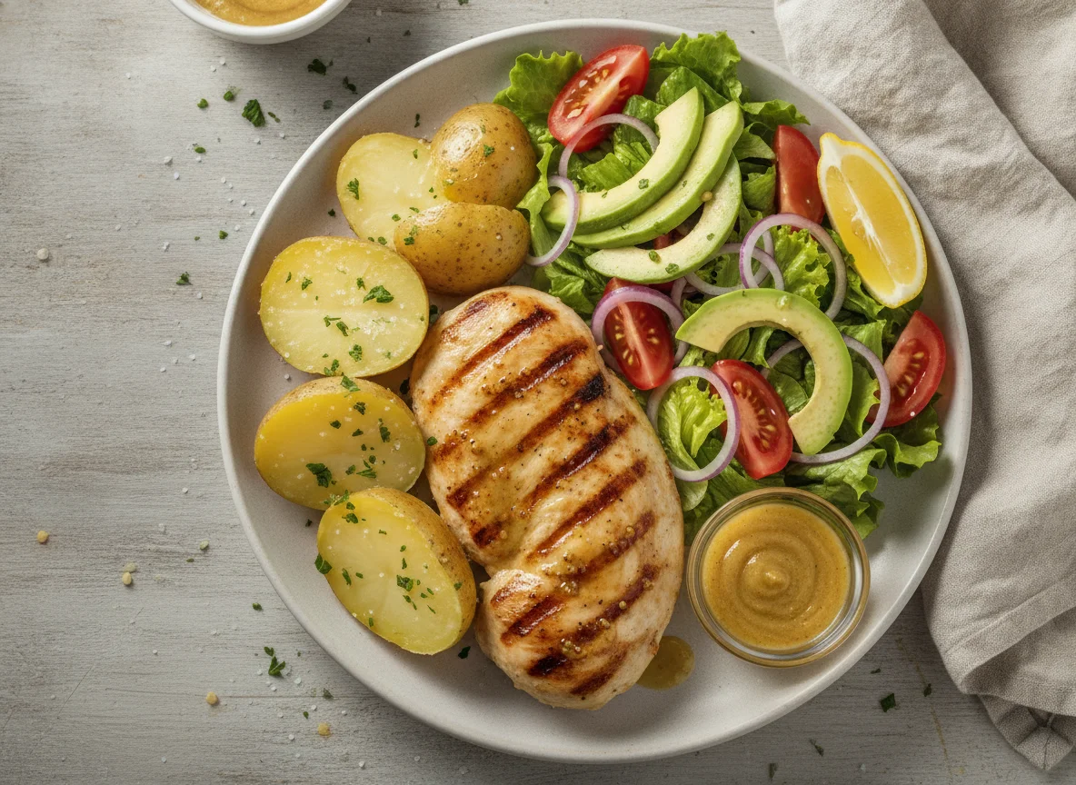 Pechuga de pollo a la plancha con papas cocidas y ensalada photo