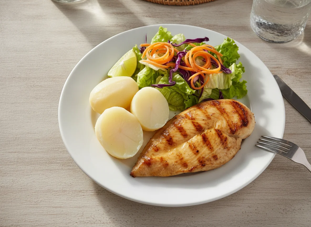 Pechuga de pollo a la plancha con papas cocidas y ensalada mixta photo