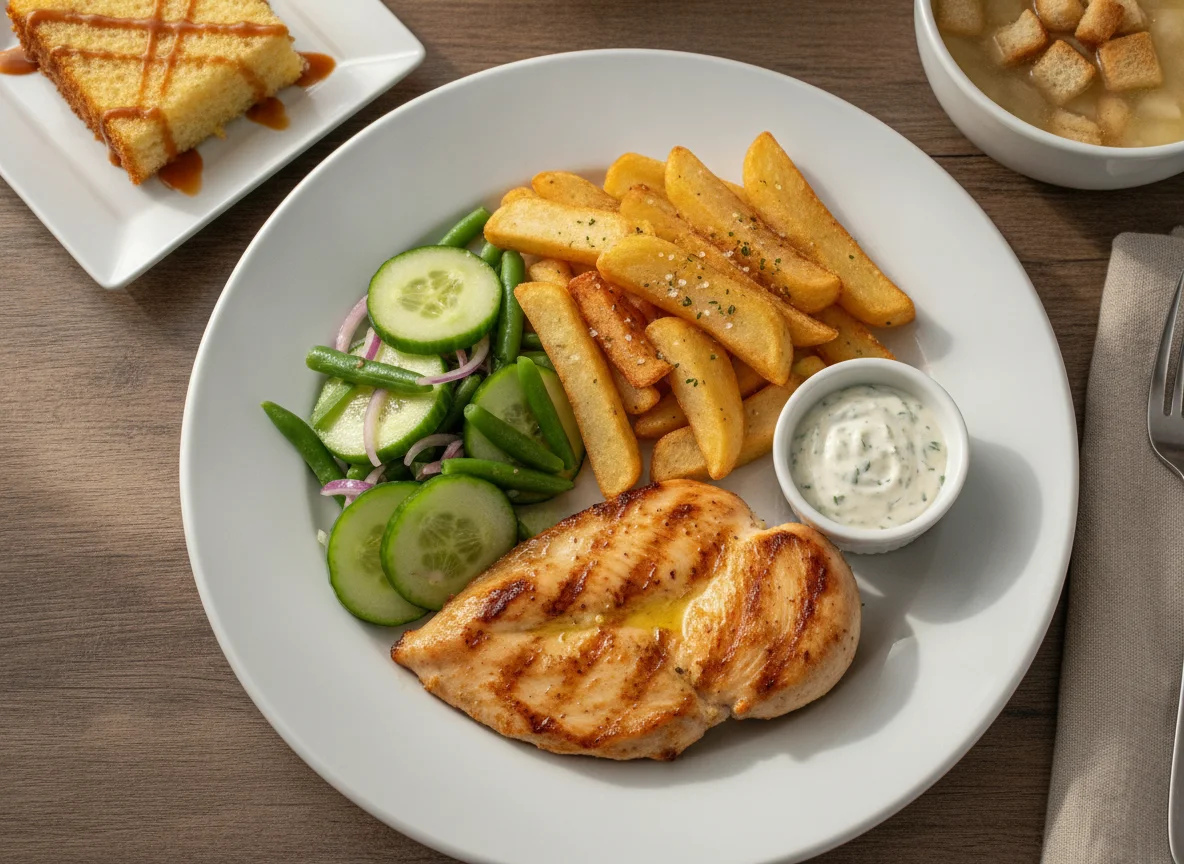 Pechuga de pollo a la plancha con papas fritas, ensalada y postre photo