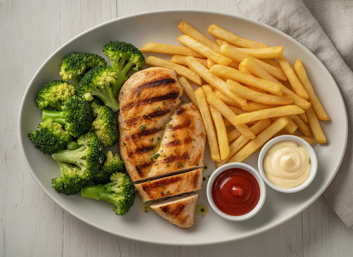 Pechuga de pollo a la plancha con papas fritas y brócoli photo