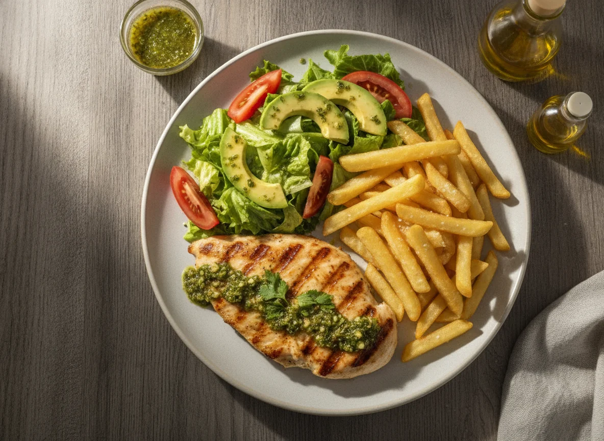 Pechuga de pollo a la plancha con papas fritas y ensalada de aguacate photo
