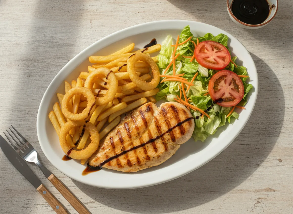 Pechuga de pollo a la plancha con papas fritas y ensalada photo
