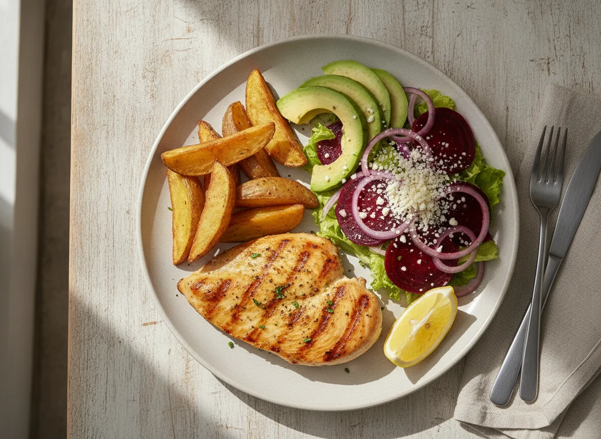 Pechuga de pollo a la plancha con papas y ensalada photo