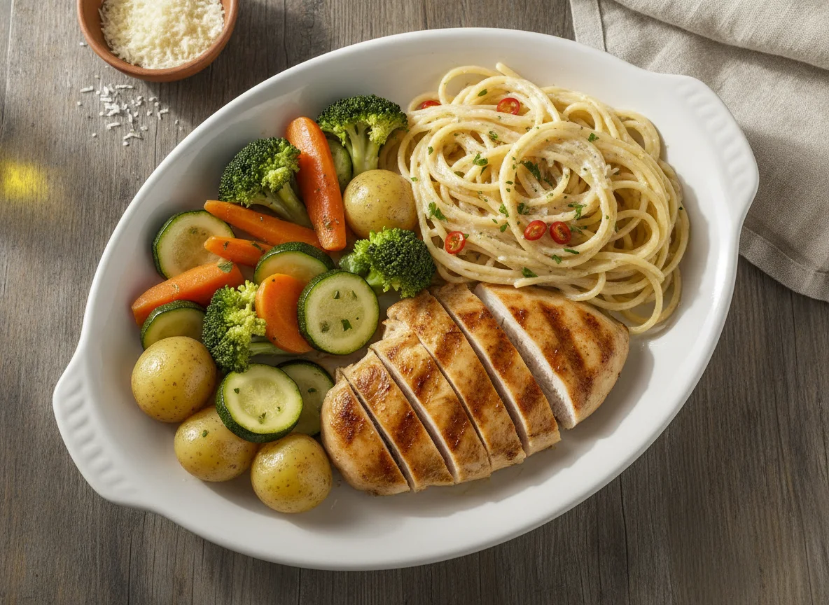 Pechuga de pollo a la plancha con pasta cremosa y verduras al vapor photo