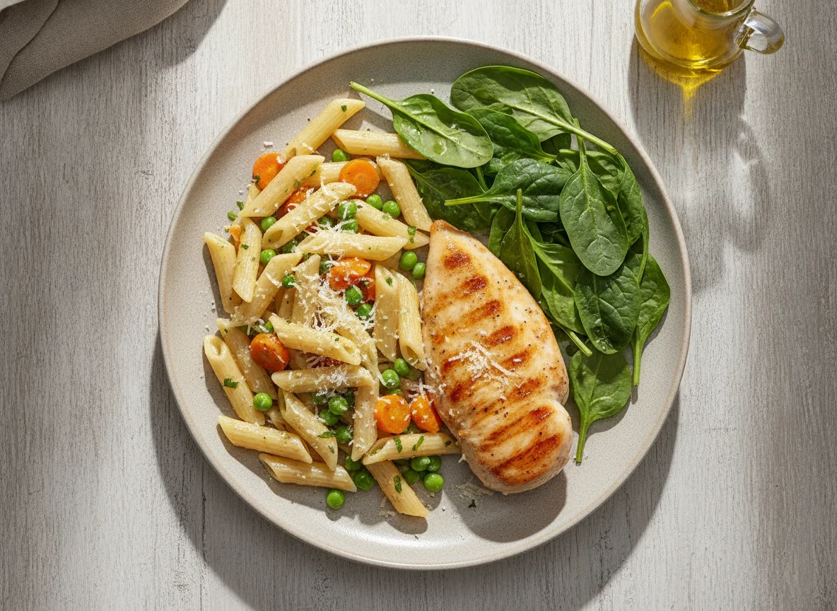 Pechuga de pollo a la plancha con pasta penne y ensalada de espinacas photo