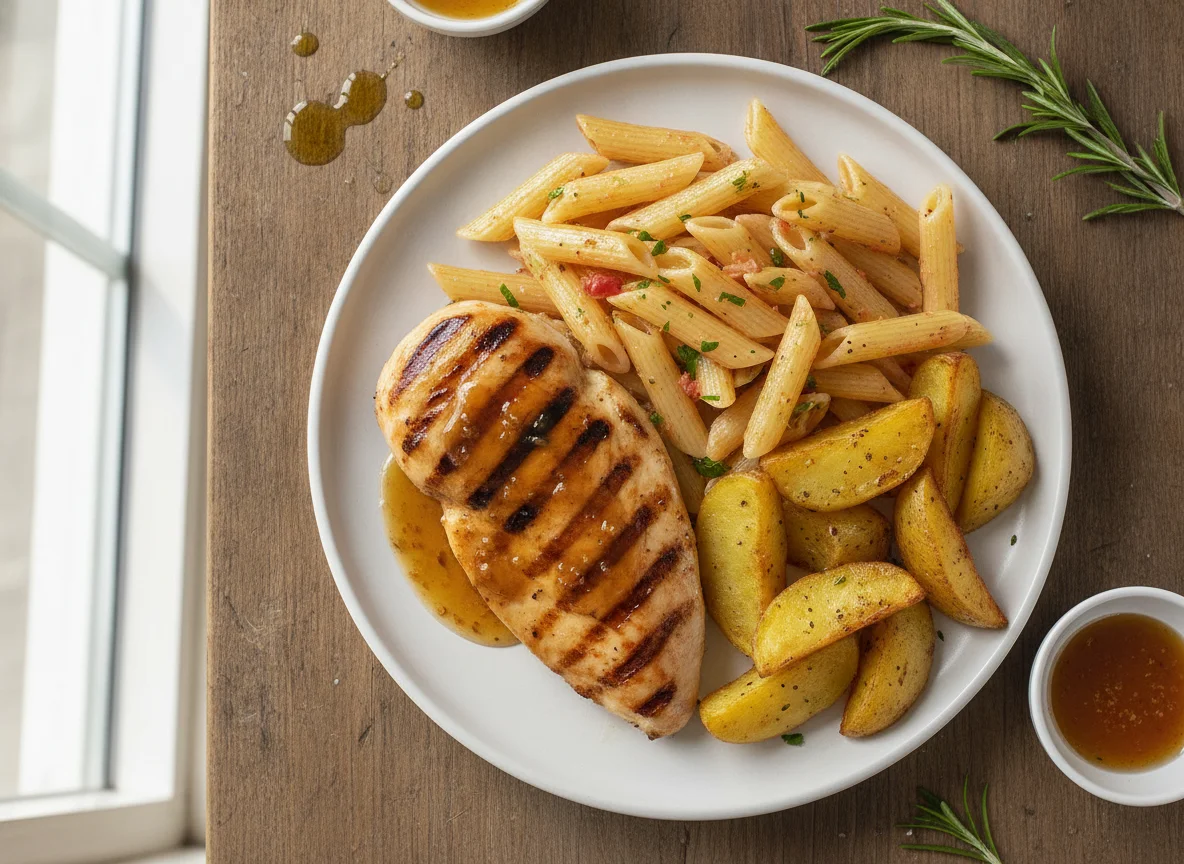 Pechuga de pollo a la plancha con pasta penne y papas doradas photo