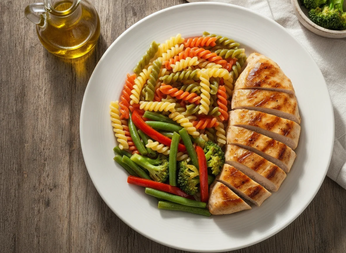 Pechuga de pollo a la plancha con pasta tricolor y verduras salteadas photo