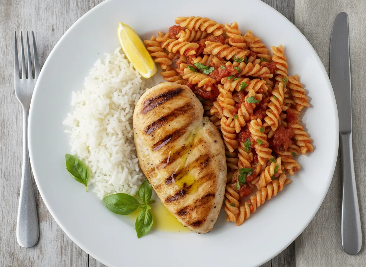 Pechuga de pollo a la plancha con pasta y arroz photo