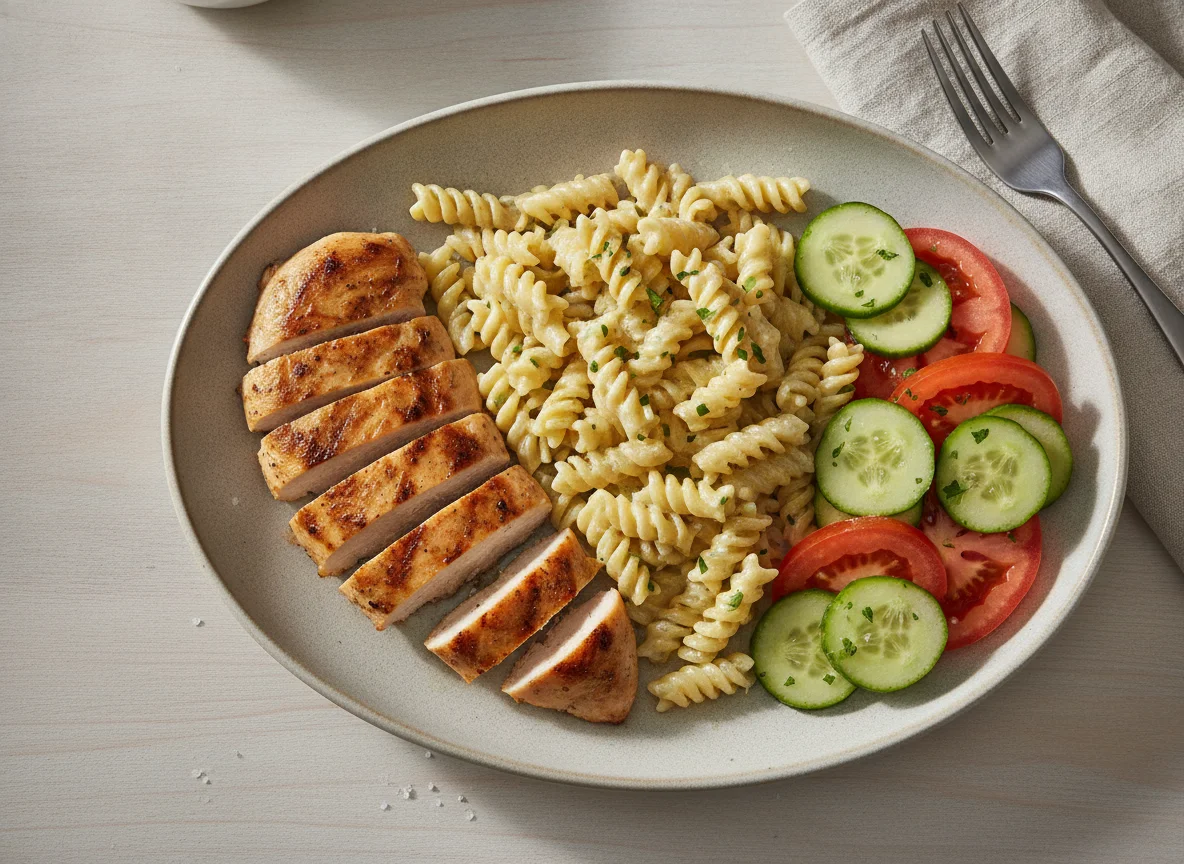 Pechuga de pollo a la plancha con pasta y ensalada photo