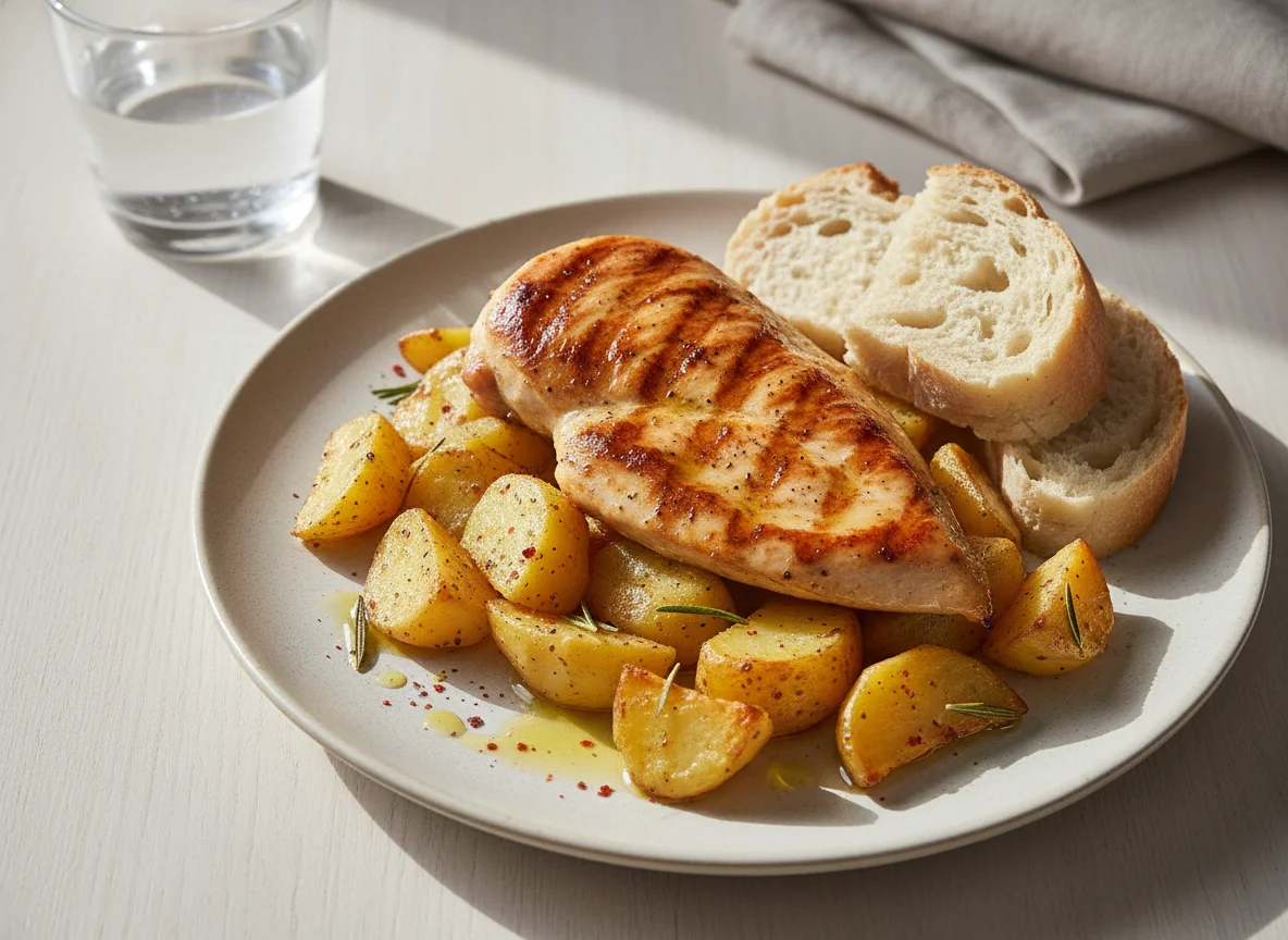 Pechuga de pollo a la plancha con patatas asadas photo