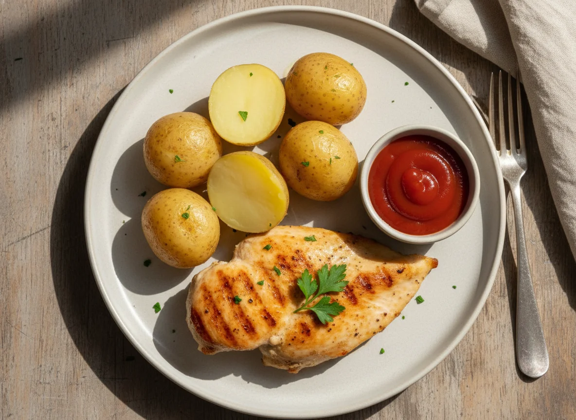 Pechuga de pollo a la plancha con patatas cocidas photo