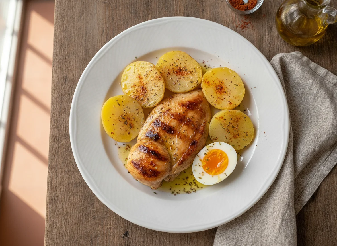 Pechuga de pollo a la plancha con patatas cocidas y huevo photo