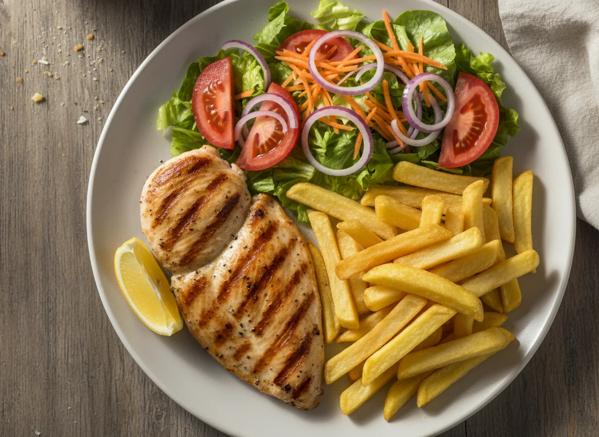 Pechuga de pollo a la plancha con patatas fritas y ensalada photo