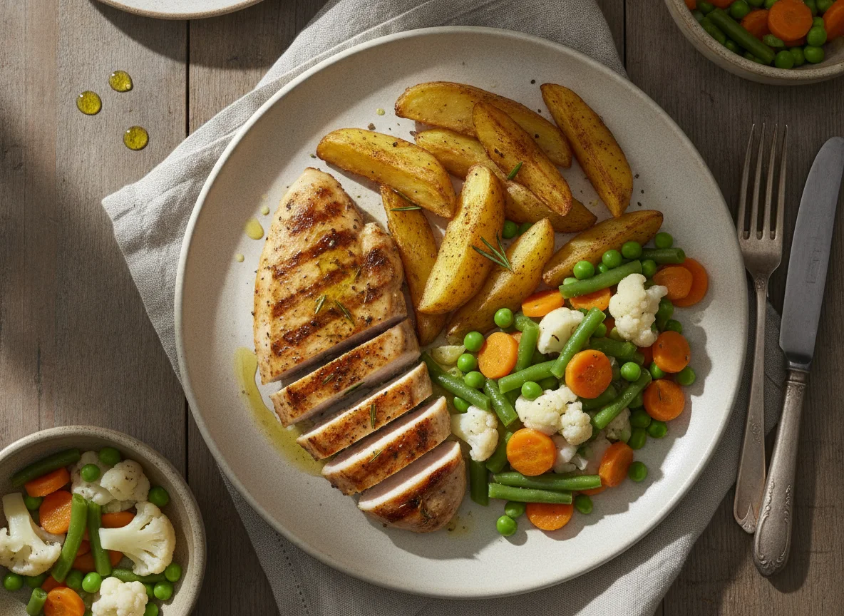 Pechuga de pollo a la plancha con patatas gajo y menestra de verduras photo