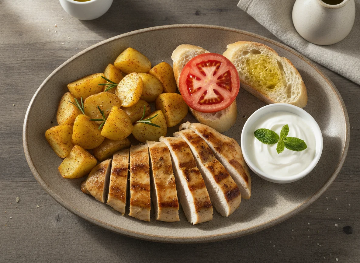 Pechuga de pollo a la plancha con patatas, pan y tomate photo