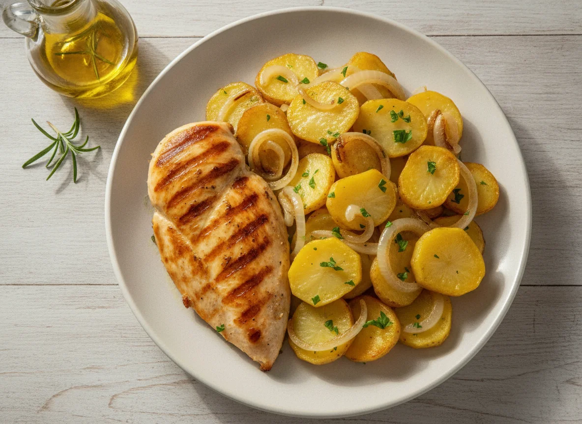Pechuga de pollo a la plancha con patatas salteadas photo