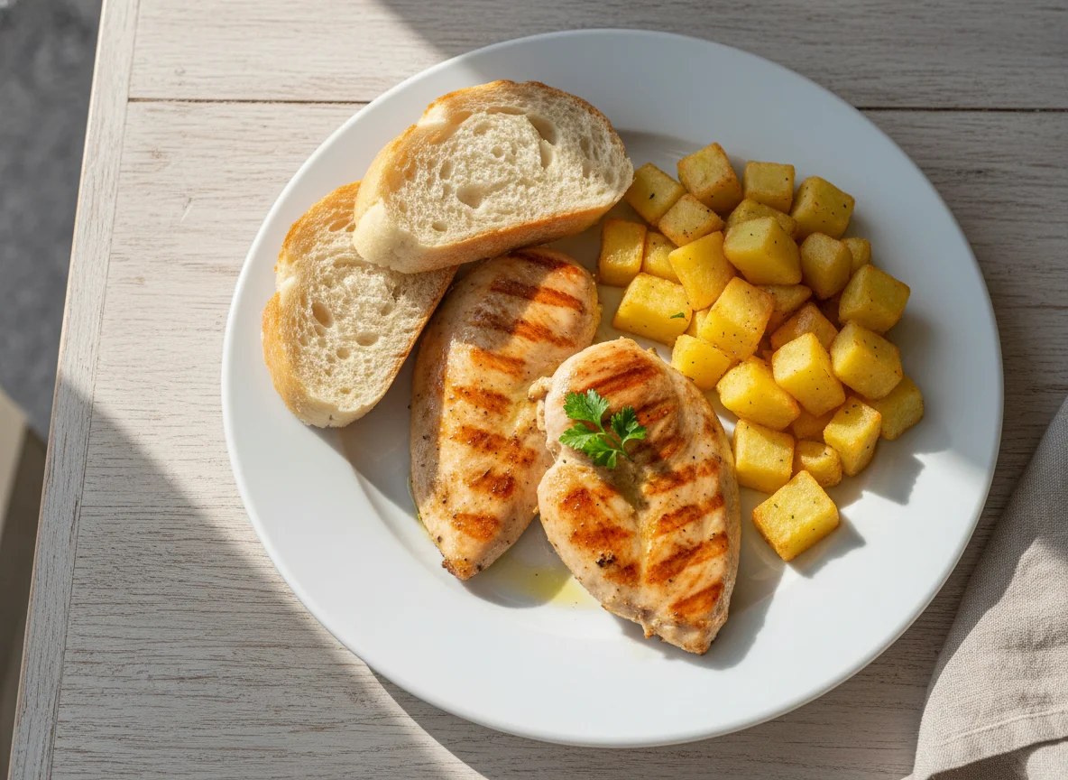 Pechuga de pollo a la plancha con patatas y pan photo