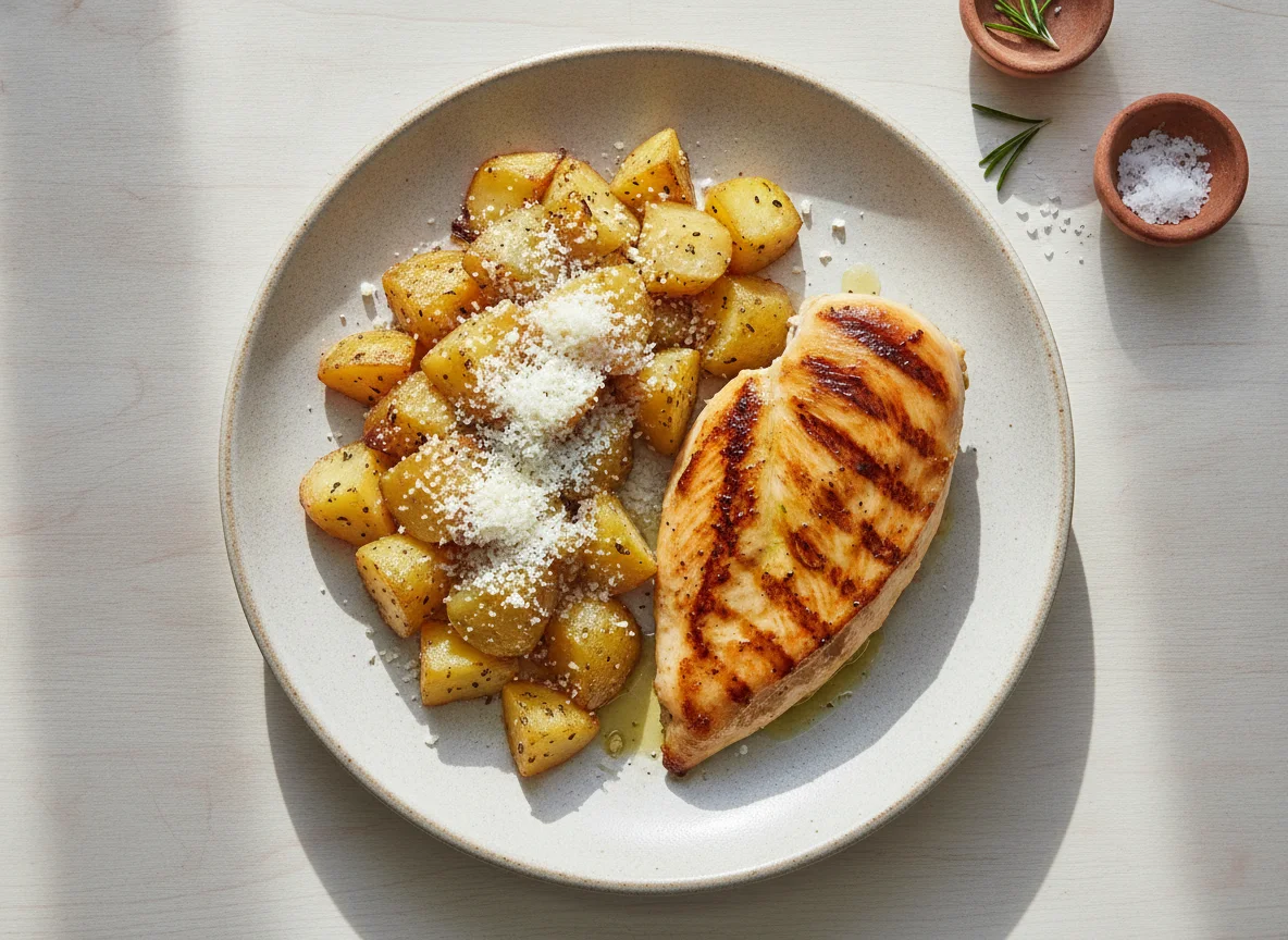 Pechuga de pollo a la plancha con patatas y queso rallado photo