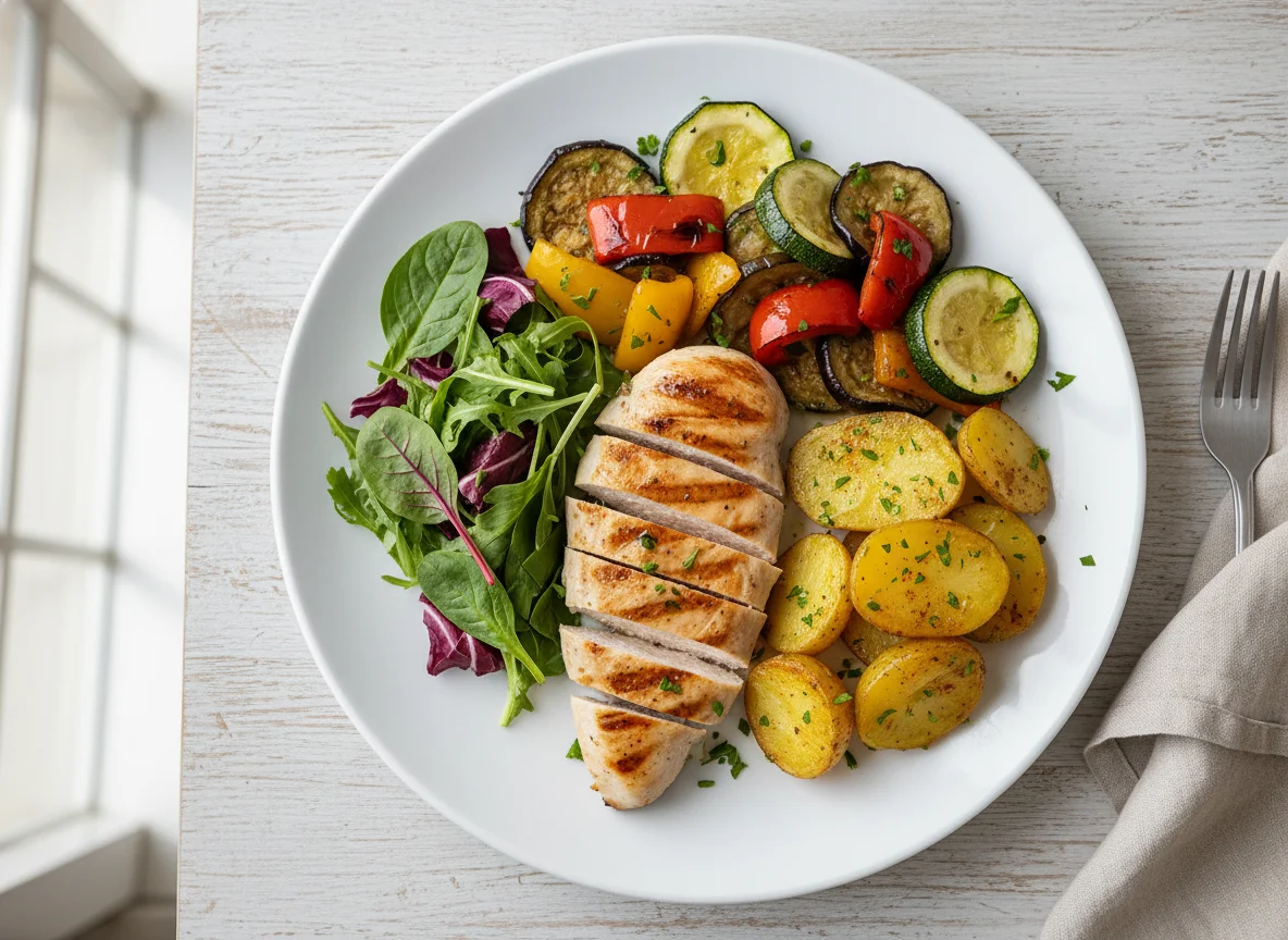 Pechuga de pollo a la plancha con patatas y verduras asadas photo