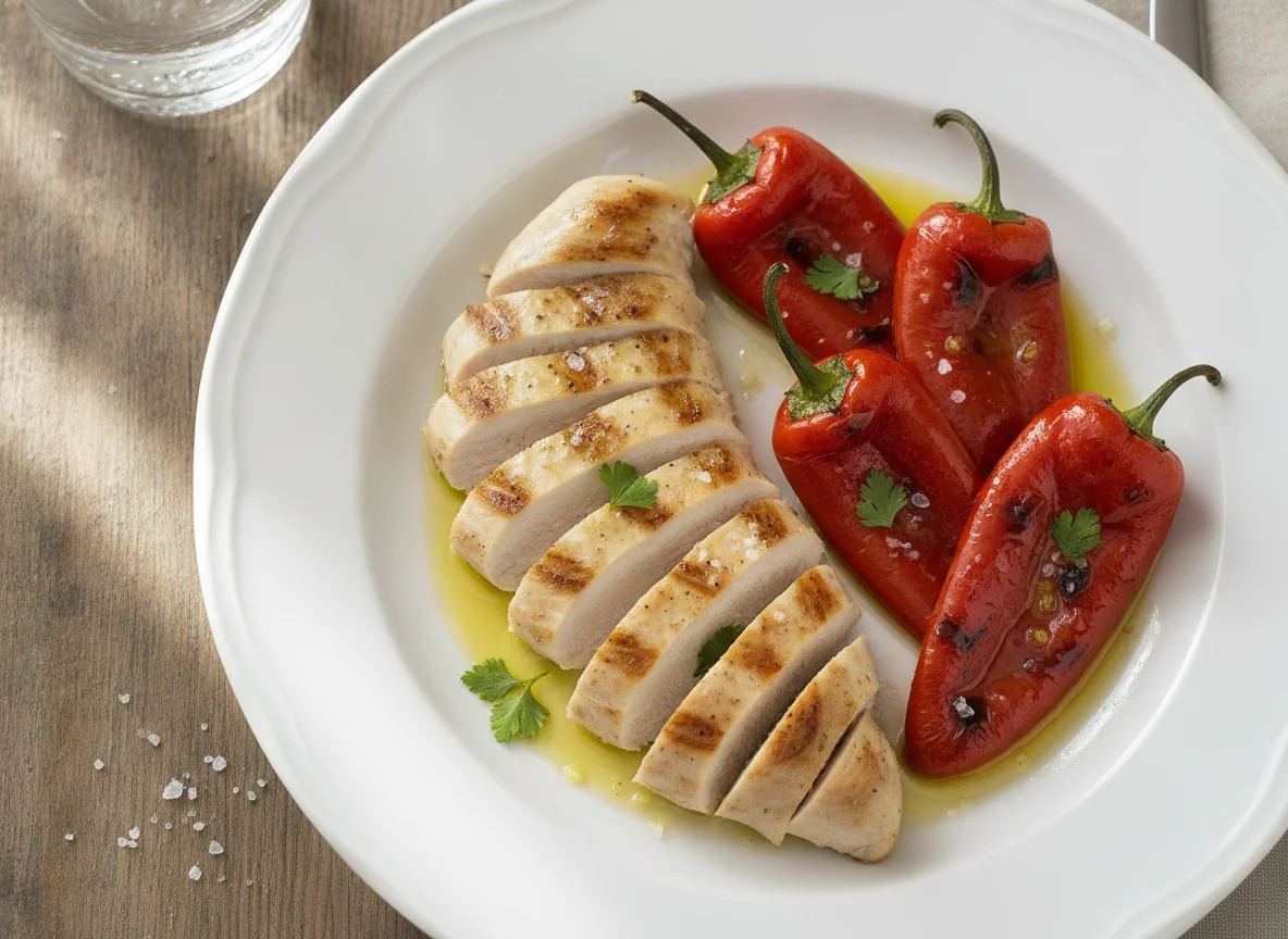 Pechuga de pollo a la plancha con pimientos del piquillo photo