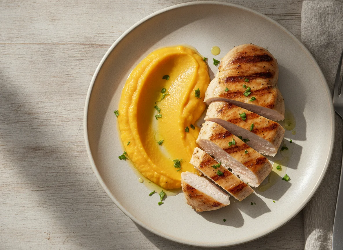 Pechuga de pollo a la plancha con puré de calabaza photo