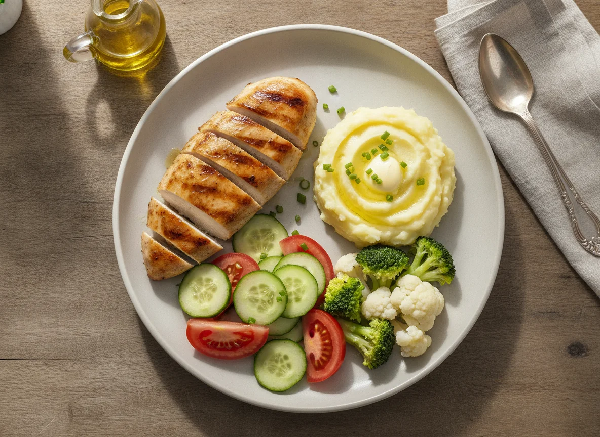Pechuga de pollo a la plancha con puré de papa y ensalada mixta photo