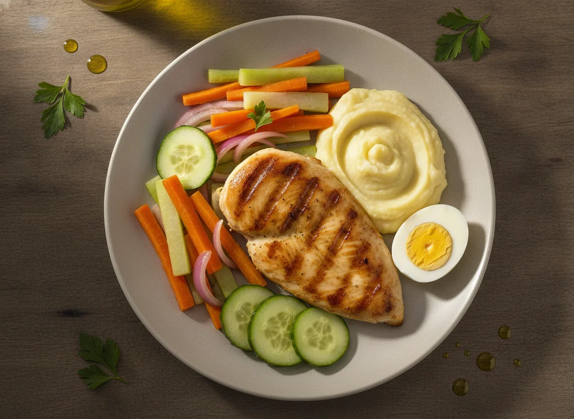 Pechuga de pollo a la plancha con puré de papa y vegetales salteados photo