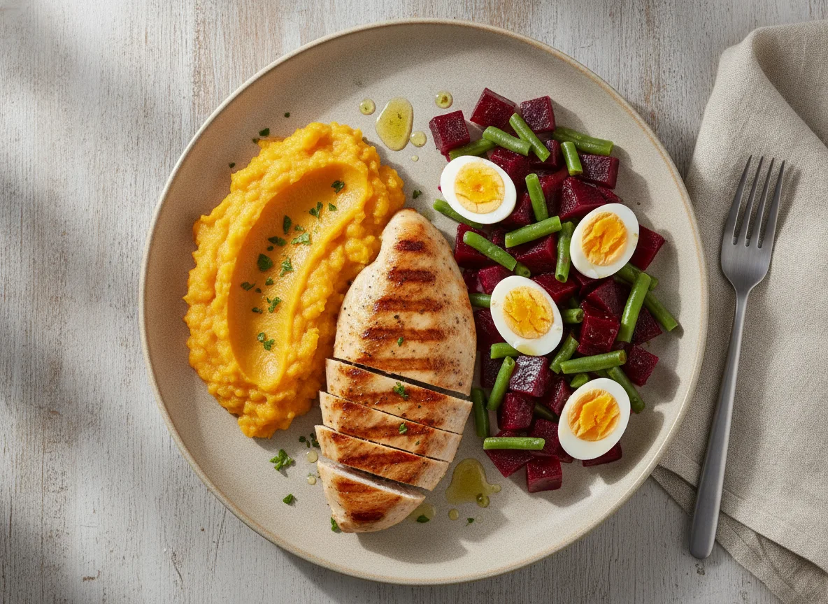 Pechuga de pollo a la plancha con puré de zapallo y ensalada de remolacha photo