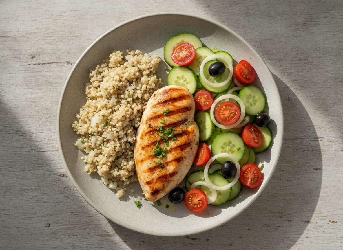 Pechuga de pollo a la plancha con quinoa y ensalada mixta photo