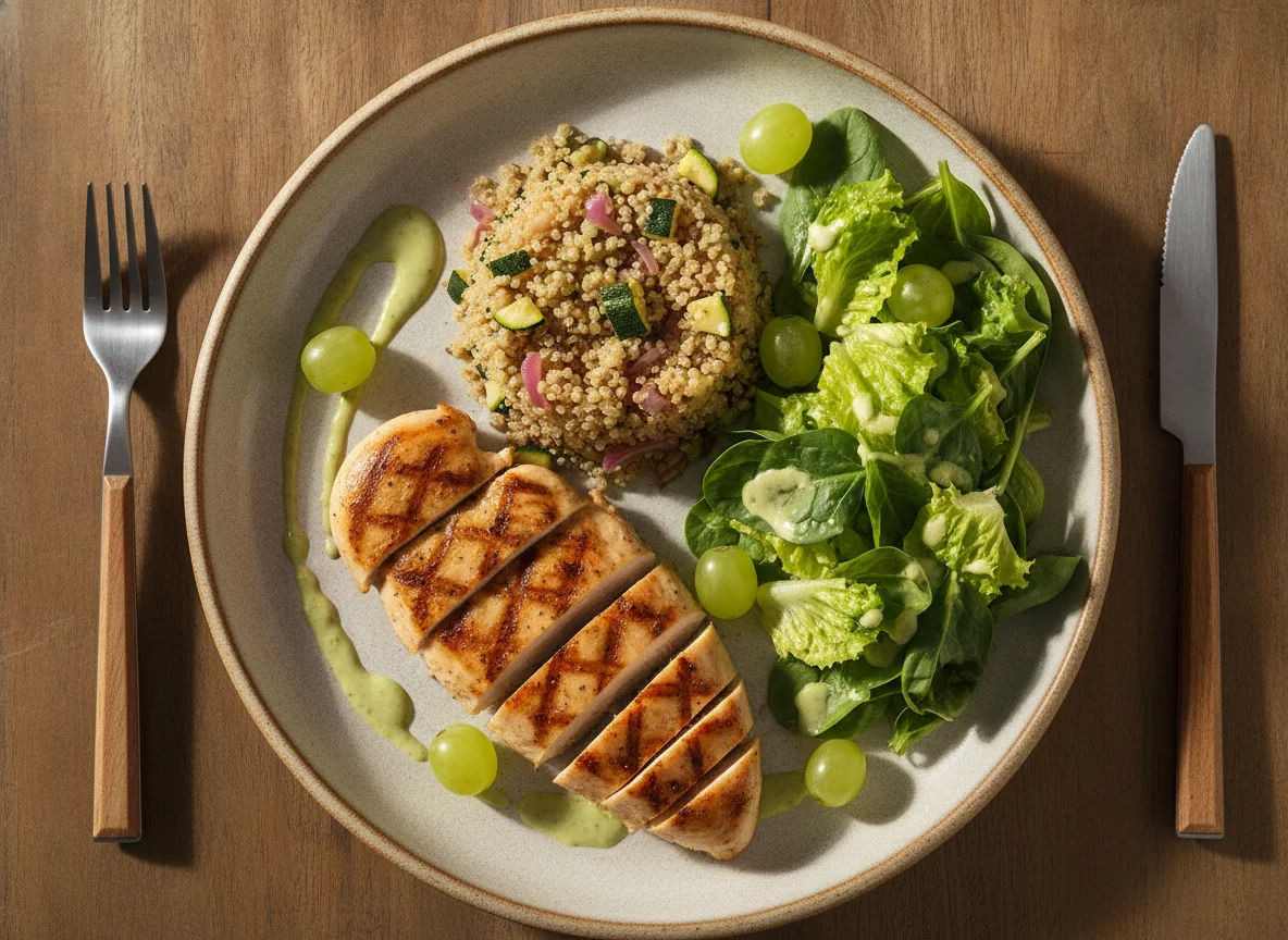 Pechuga de pollo a la plancha con quinoa y ensalada verde photo