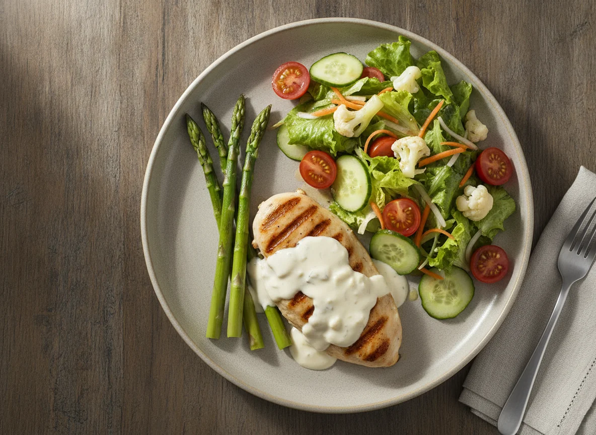Pechuga de pollo a la plancha con salsa blanca, espárragos y ensalada photo