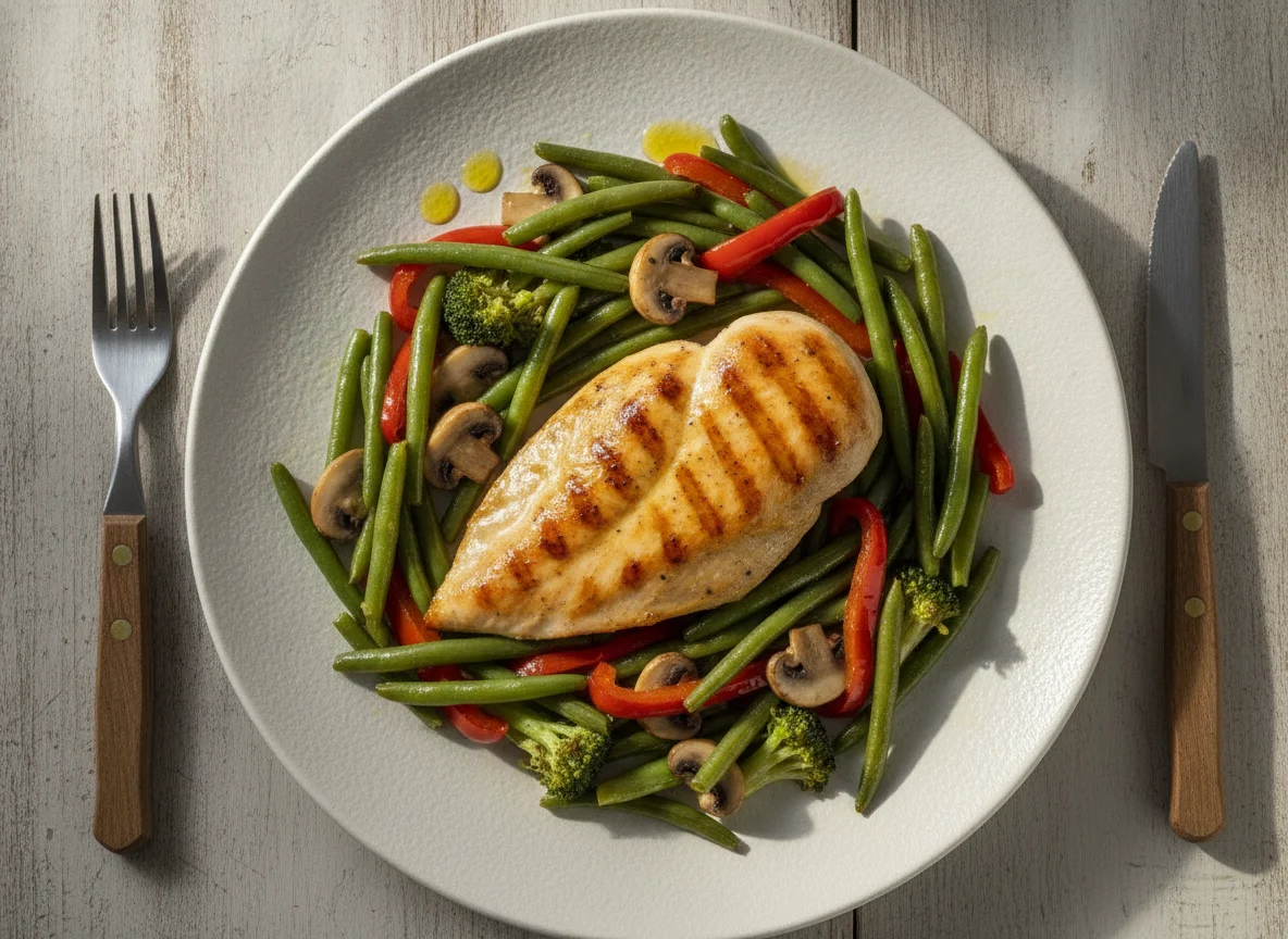 Pechuga de pollo a la plancha con salteado de verduras photo