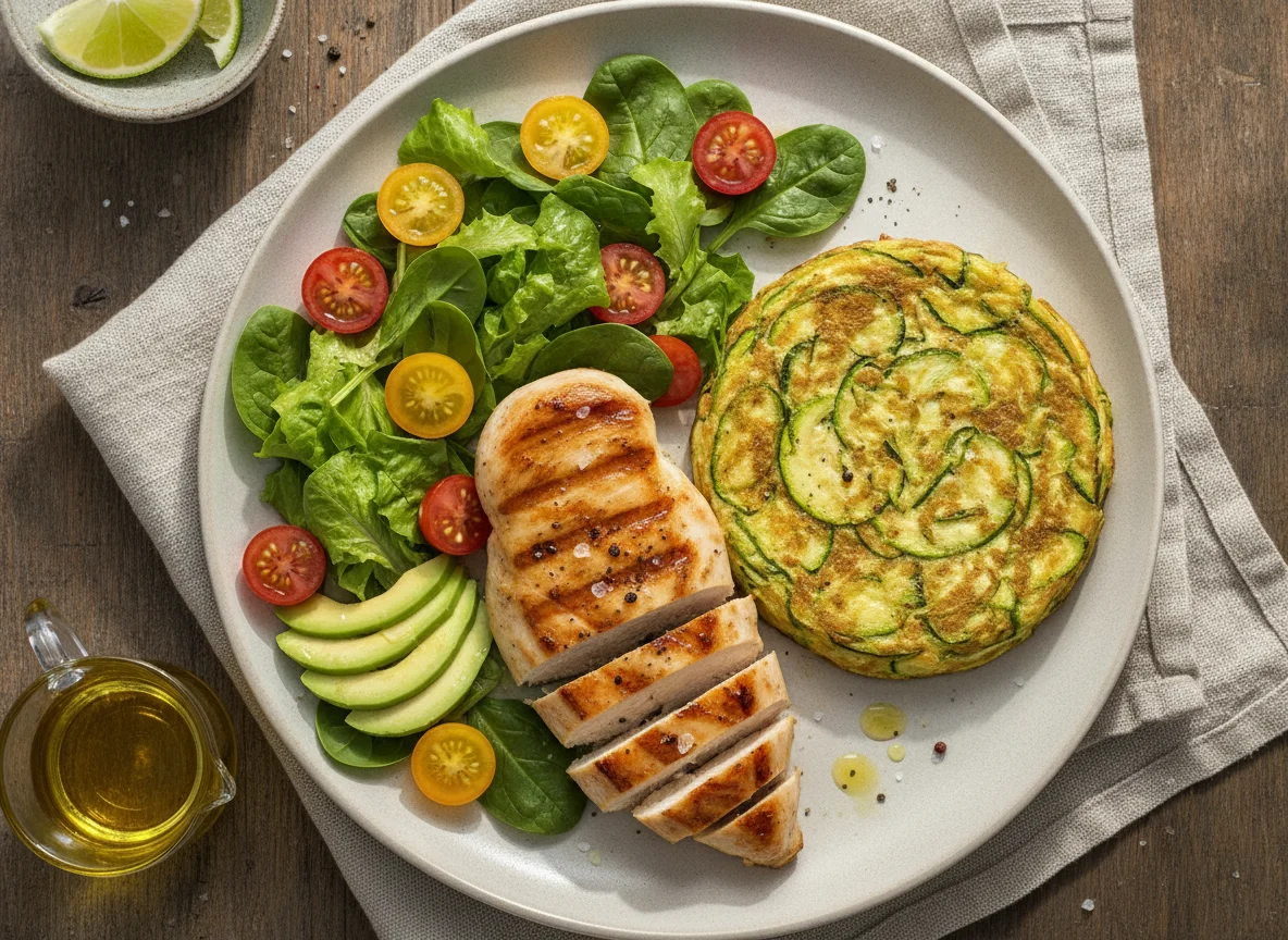 Pechuga de pollo a la plancha con tortilla de zucchini y ensalada photo