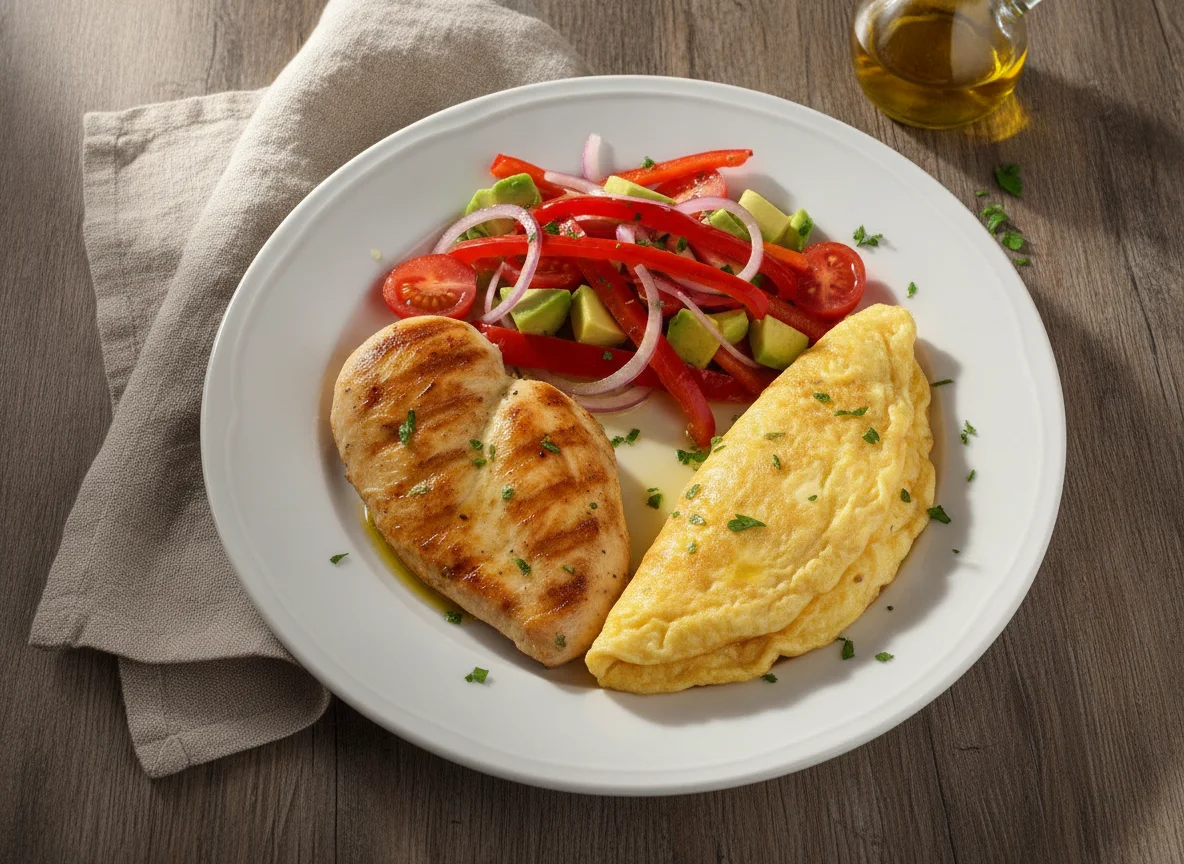 Pechuga de pollo a la plancha con tortilla y ensalada de pimientos photo