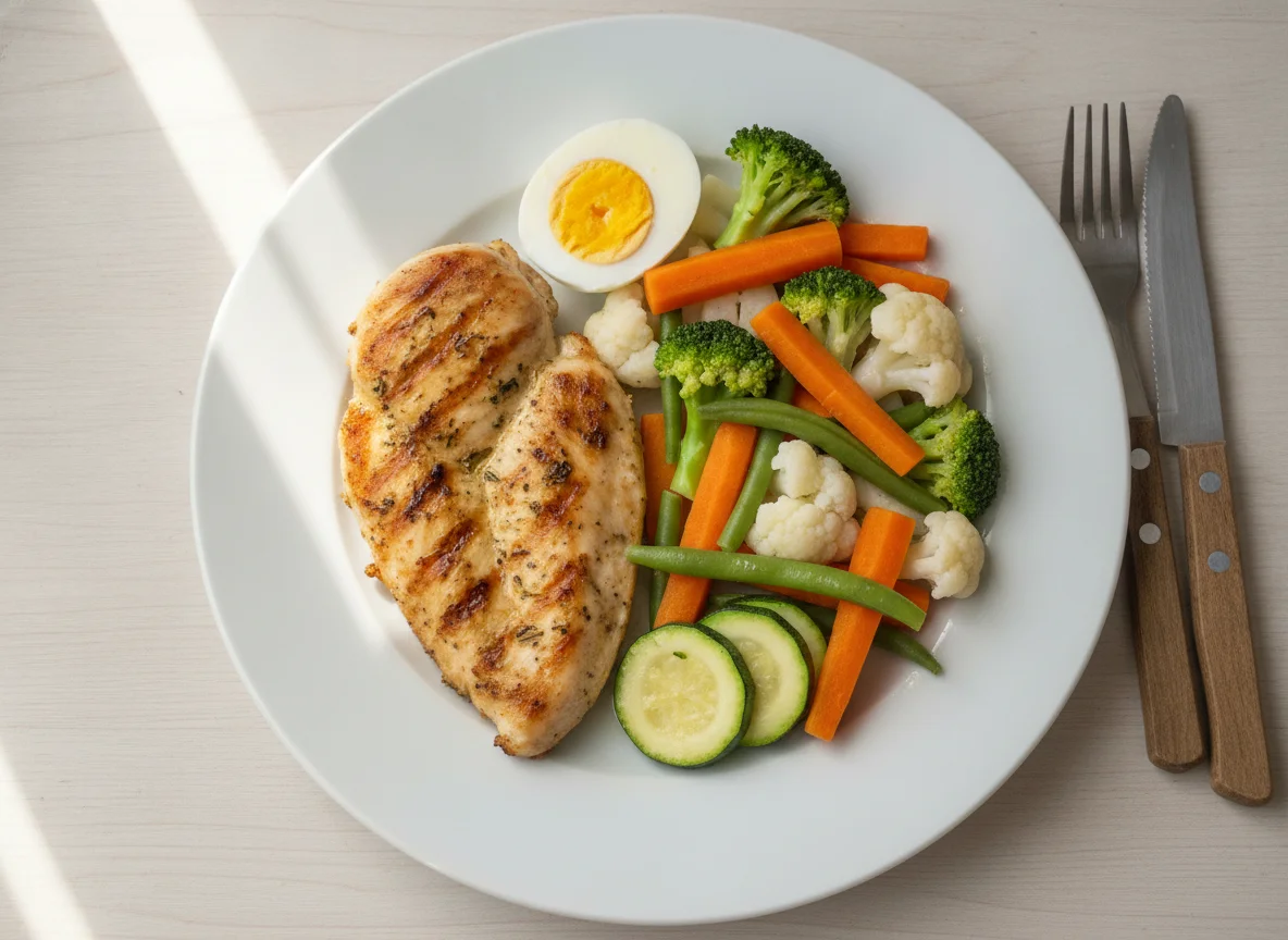 Pechuga de pollo a la plancha con vegetales al vapor y huevo duro photo