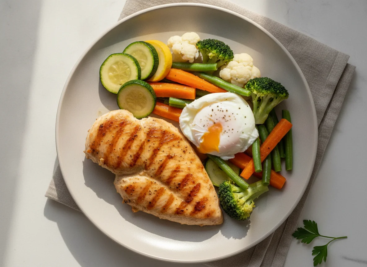 Pechuga de pollo a la plancha con vegetales al vapor y huevo pochado photo