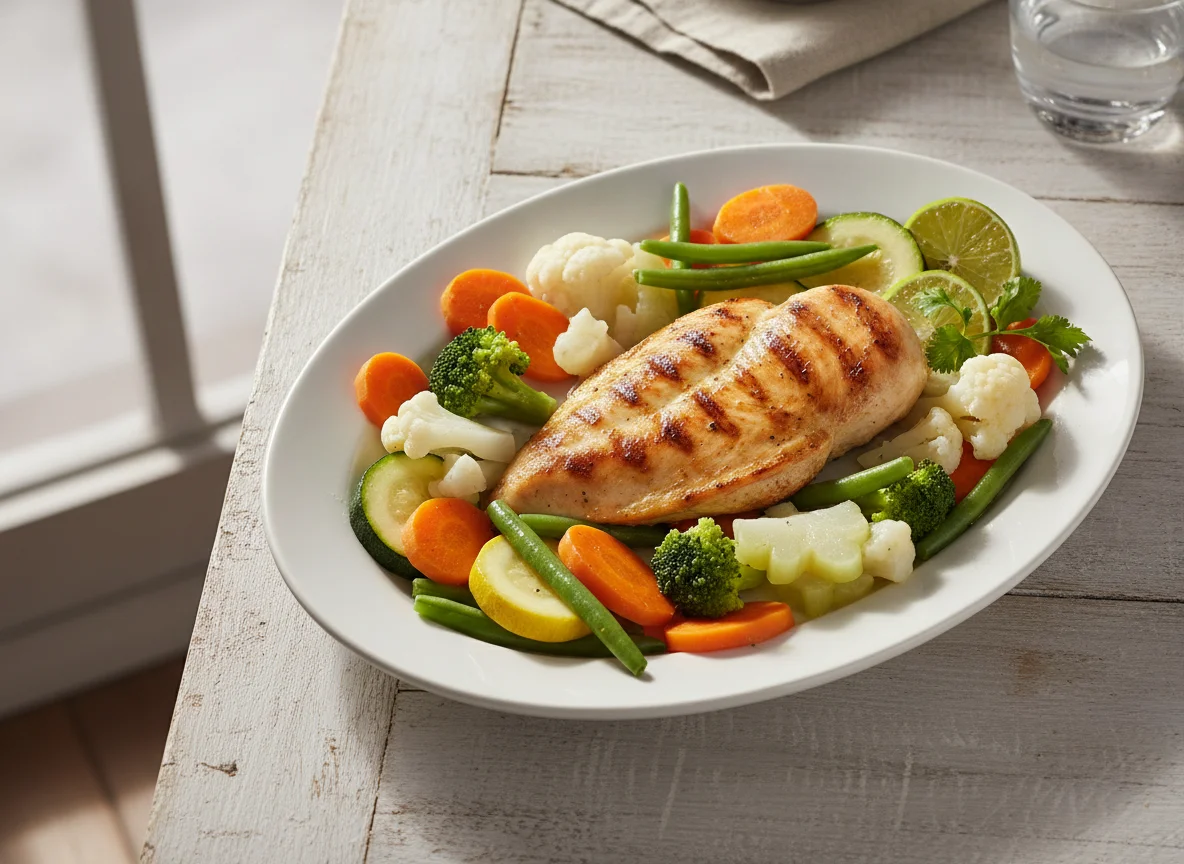Pechuga de pollo a la plancha con vegetales al vapor photo