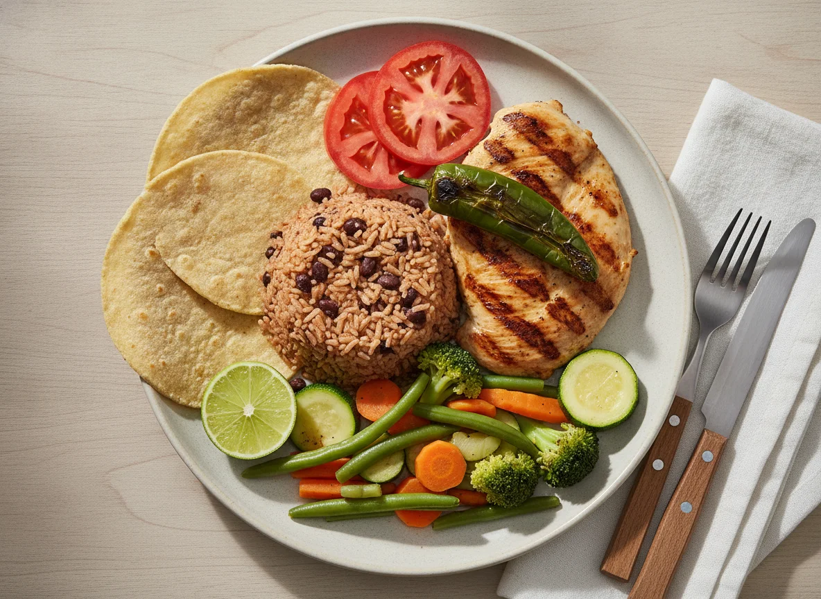 Pechuga de pollo a la plancha con vegetales, casamiento y tortilla photo
