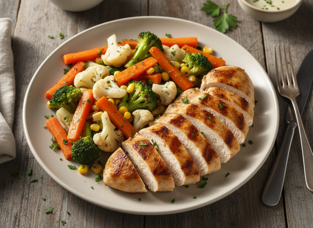Pechuga de pollo a la plancha con vegetales mixtos photo