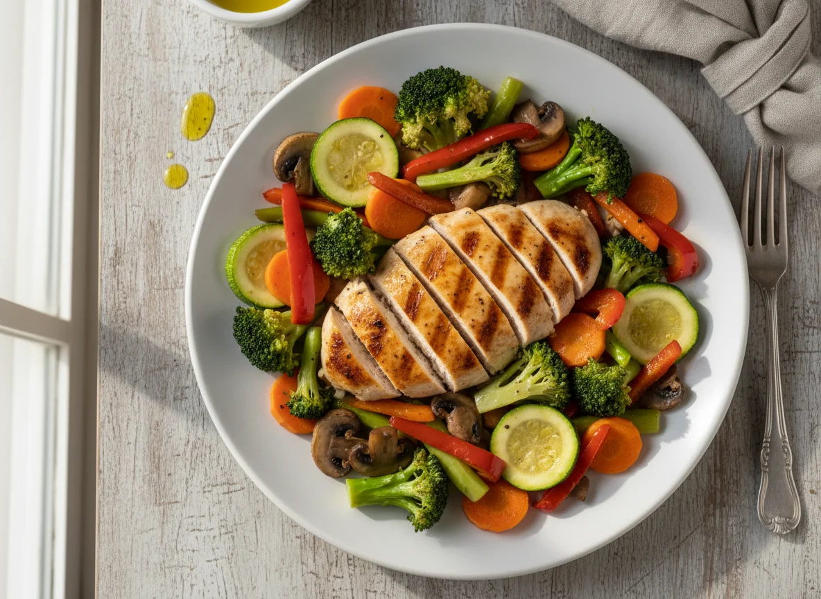 Pechuga de pollo a la plancha con vegetales salteados photo