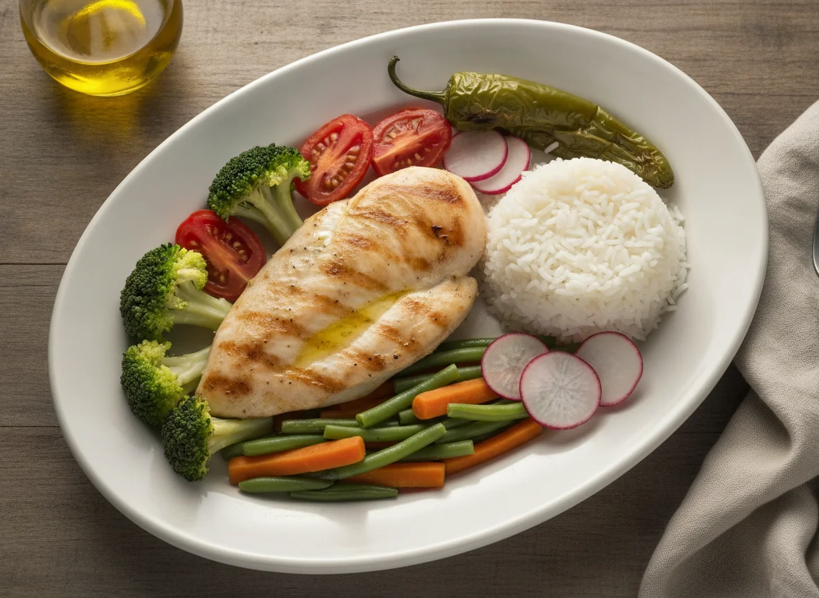Pechuga de pollo a la plancha con vegetales y arroz photo