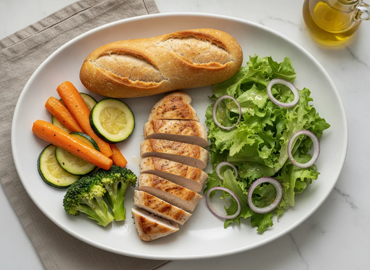 Pechuga de pollo a la plancha con vegetales y ensalada photo