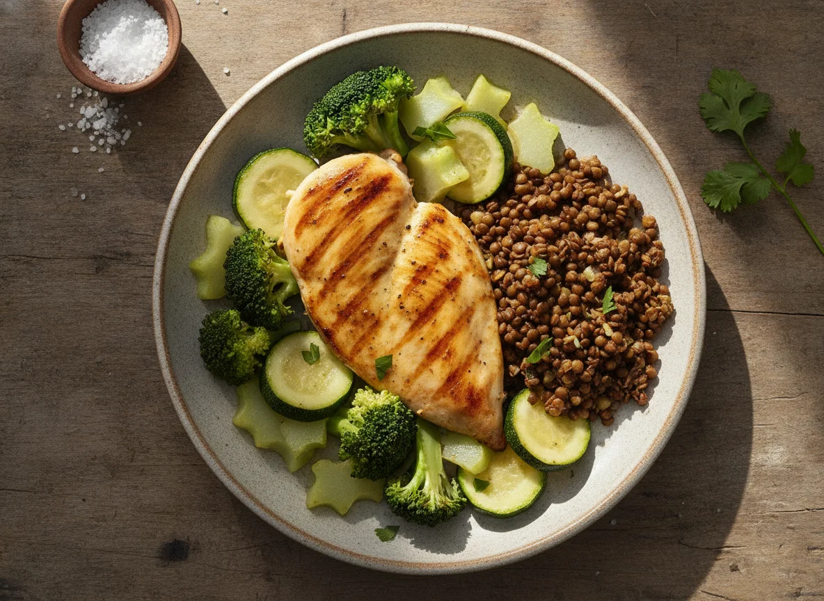 Pechuga de pollo a la plancha con vegetales y picadillo de lentejas photo