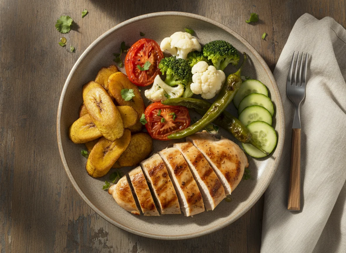 Pechuga de pollo a la plancha con vegetales y plátano frito photo