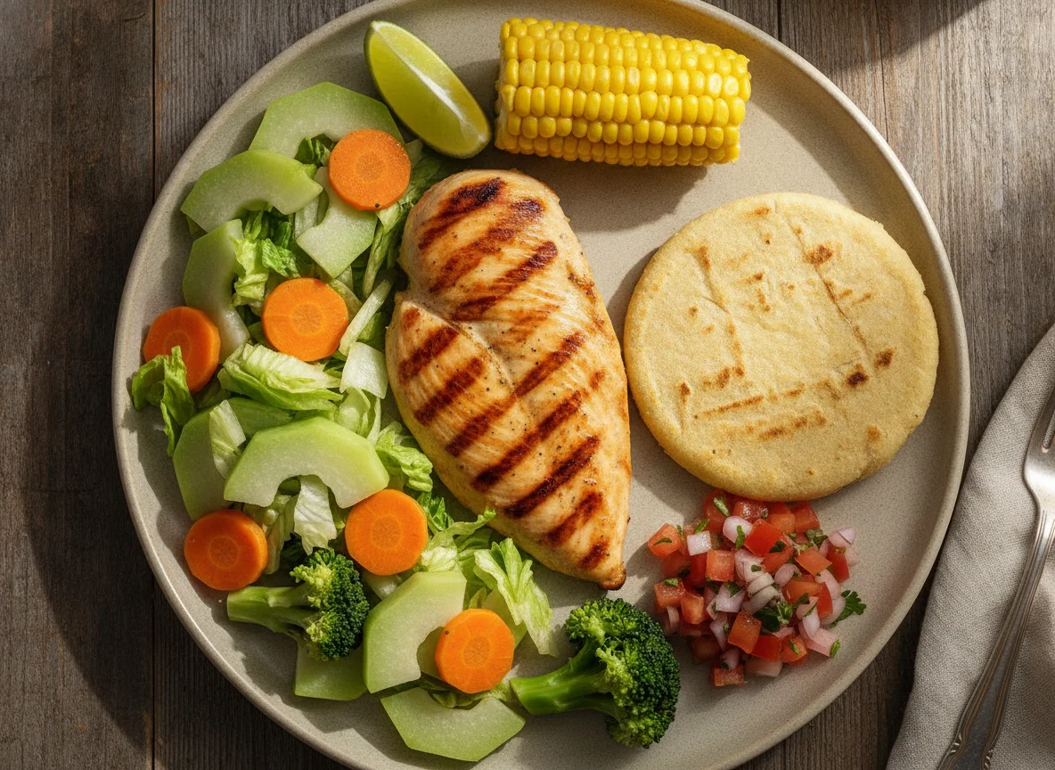 Pechuga de pollo a la plancha con vegetales y pupusa photo