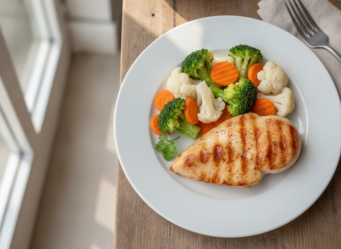 Pechuga de pollo a la plancha con verduras al vapor photo