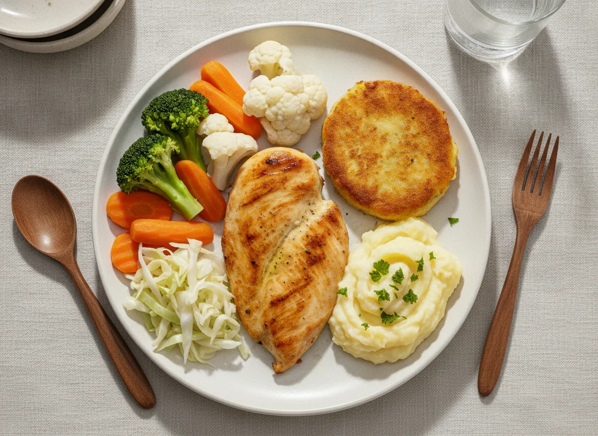 Pechuga de pollo a la plancha con verduras al vapor y tortita de papa photo