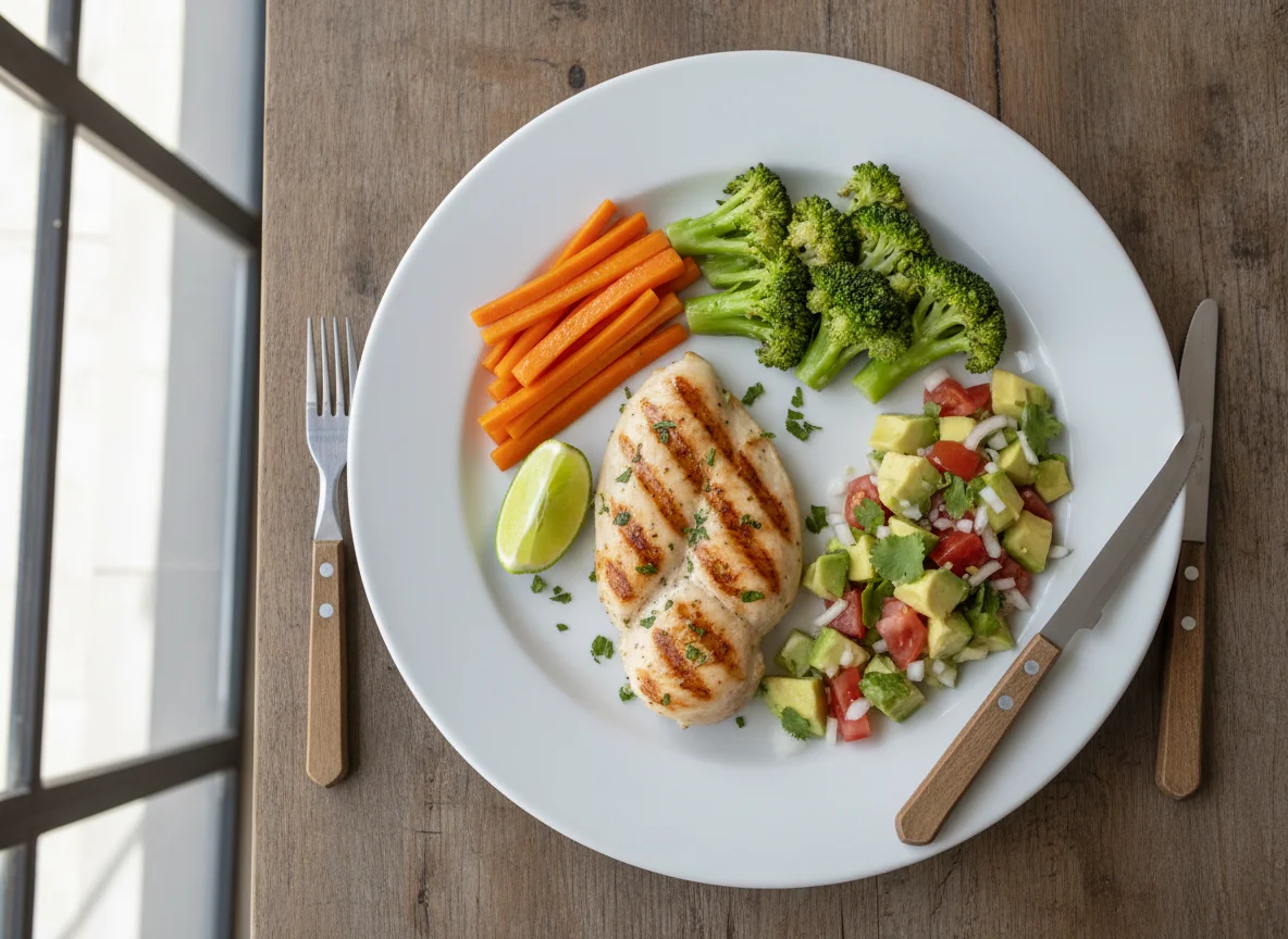 Pechuga de pollo a la plancha con verduras al vapor y ensalada de aguacate photo
